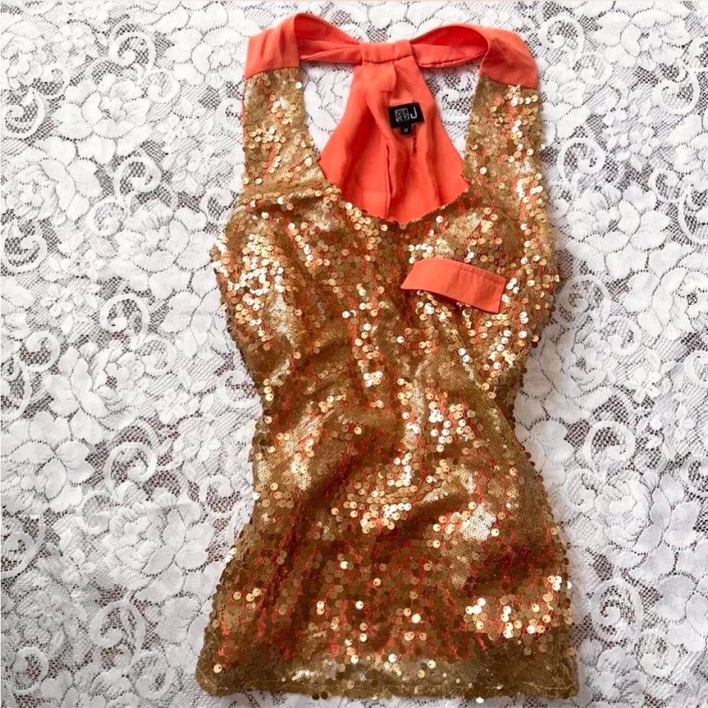 Y2K It Girl Glam Aesthetic Gold Sequin Halter Top Blouse